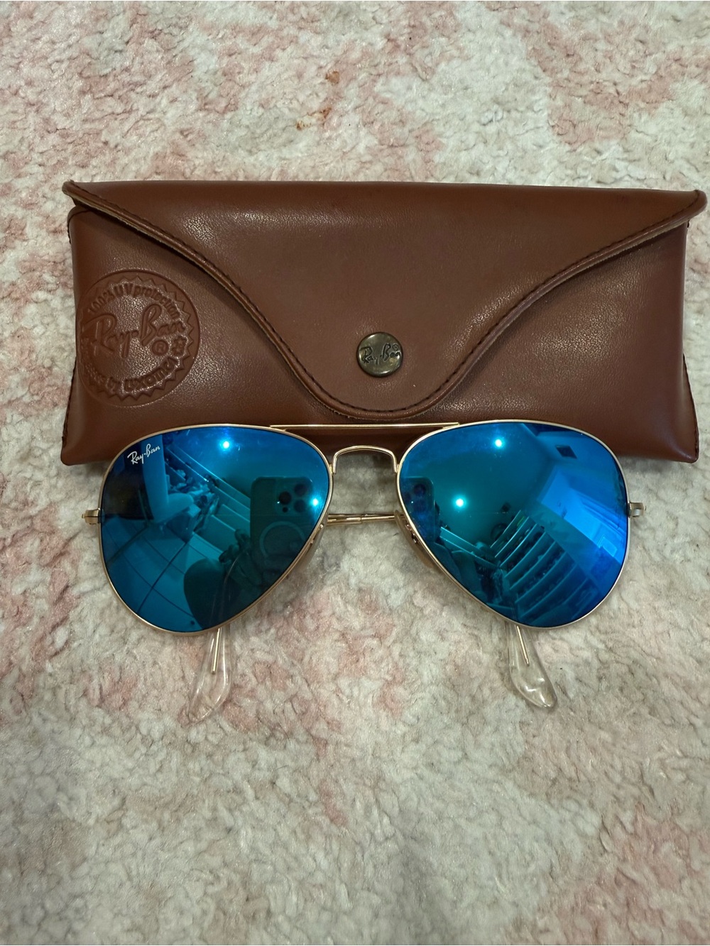Ray-Ban Gold Frame Sunglasses with Blue Mirrored Lenses